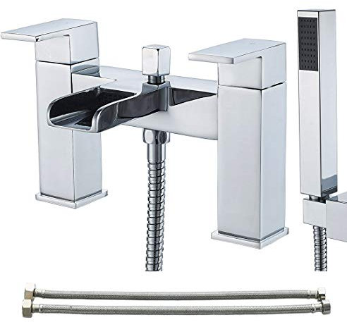 Luckyhome Bath tap with Shower Waterfall Bath Shower Filler Mixer Tub Tap Double Lever Chrome Solid Brass with Handheld Shower Head Faucet