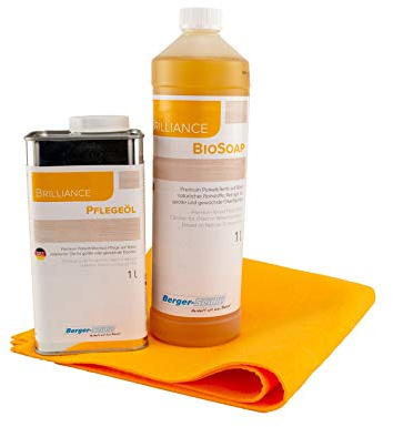Berger-Seidle Pflegeset für geölte Parkett- und Holzböden | Brilliance Pflegeöl 1 Liter | + Biosoap Holzbodenseife 1 Liter | + Poliertuch