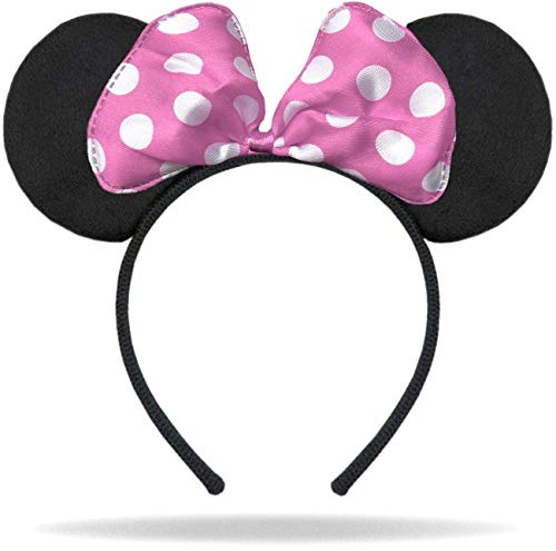 Hatstar Maus Ohren Haarreifen in schwarz | Schleife in rosa mit weißen Punkten | Haarschmuck für Erwachsene | Kopfschmuck Damen & Mädchen | Kostüm Accessoire für Karneval & Fasching