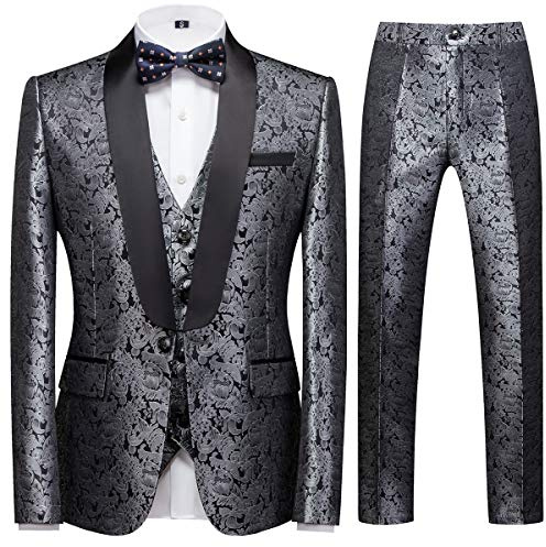 Sliktaa - Traje de 3 piezas para hombre, formal, clásico, jacquard, con solapa de chal, botón, para bodas, negocios, smoking casual, chaqueta, chaleco y pantalón, plata, XXL