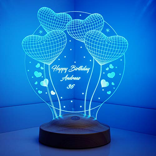 Geschenkelampe Vier Herzen Personalisierte 3D Lampe mit Namen – Individuelles LED Nachtlicht mit Gravur als Geburtstagsgeschenk für Kinder, Jungen und Mädchen, Energieklasse A
