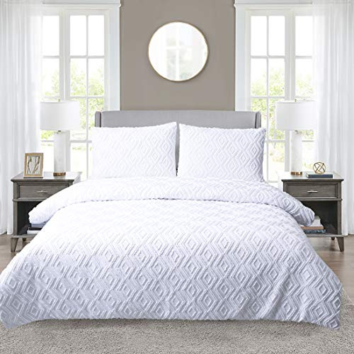 YINFUNG White Duvet Cover Double Bed 3 Pieces Tufted Geometric Quilt Cover Double with 2 Pillowcases Easy Care (White Double 200×200cm+50×75cmx2)