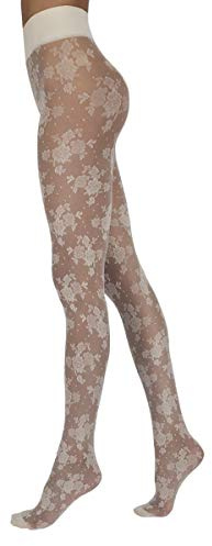 Sarah Borghi Lilian Collant 20 Den Donna in Lycra Effetto Pizzo Dentelle Floreale con Cinturino Extra Comfort – Made in Italy (IT, Testo, S, M, Regular, Regular, Avorio)