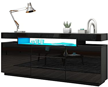 Black Sideboard Cabinet Cupboard High Gloss TV Stand Unit LED Light 160cm