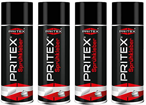 PRITEX – Sprühkleber 4x 400 ml für KFZ, Handwerk, Modellbau, DIY & Haushalt – Kleber Spray mit hoher Sofortklebekraft für Papier, Karton, Holz, Kork, Leder, Textilien, Schaumstoff, Gummi & Kunststoff