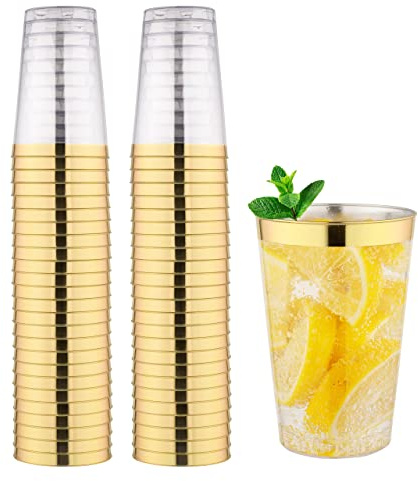Gardenlovers 50 Stück Kunststoff Becher, 350ml, wiederverwendbare Trinkbecher zum Feiern, Hochzeiten, Picknick, Party, Camping, Geburtstag - Gold