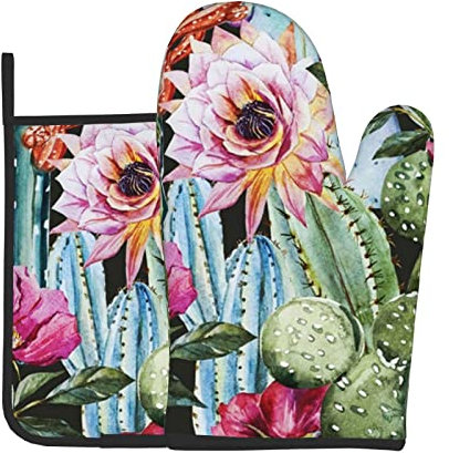 Ensemble de maniques et maniques en forme de roses et de cactus pour cuisine - Résistants à la chaleur - Lavables - Pour comptoir de table, barbecue, cuisine, grillades