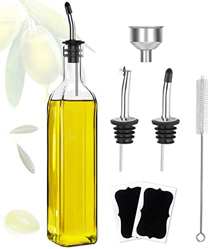 ztarraum Ölflasche,Öl- und Essigflasche 500 ml/17 oz, quadratisches hohes Glas mit 2 Edelstahlausgießern, 2 Etiketten und 1 Trichter zum einfachen Nachfüllen von Ölbehältern, Ölflaschen für die Küche