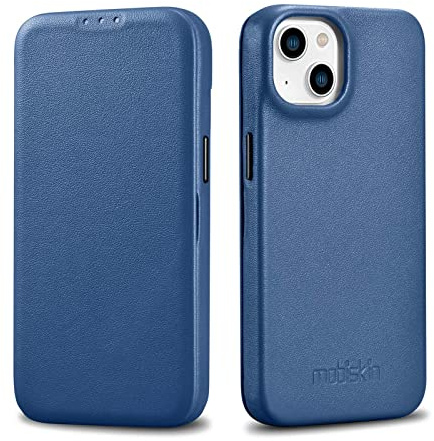 Mobiskin Hülle für iPhone 14 (6,1 Zoll), Case mit Leder, Blau | Handyhülle kompatibel mit MagSafe, Schutzhülle, Handy-Tasche, slim Cover, dünne Klapphülle, Etui, seitlich aufklappbar