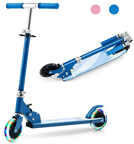 GOPLUS Trottinette Enfant 3 Ans+, Trottinette Pliable, 2 Roues Lumineuses, Guidon Réglable Alu 3 Hauteurs 70/75/80 cm, Système de Freinage Arrière, Charge Max. 50 kg (Bleu)