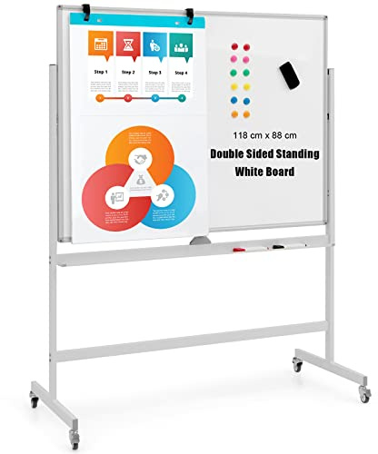GIANTEX Lavagna Bianca Mobile con Supporto, 120 x 90 cm, Lavagna Magnetica Double Face, Regolabile in Altezza e Girevole a 360° (Bianco)