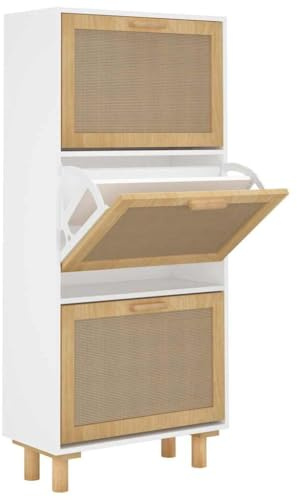 vidaXL Schuhschrank Schuhablage Schuhregal Schuhständer Schuhaufbewahrung Schuhkipper Schuhkommode Weiß 52x25x115cm Holzwerkstoff Rattan Natur