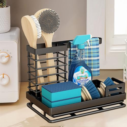 COITROZR Spülbecken Organizer, Spüle Organizer, Spülbecken Organizer Schwarz, Sink Organizer Edelstahl mit Spültuchhalter, Abflusspfanne, Schwammhalter Spülorganizer, Spüle Organizer Schmal
