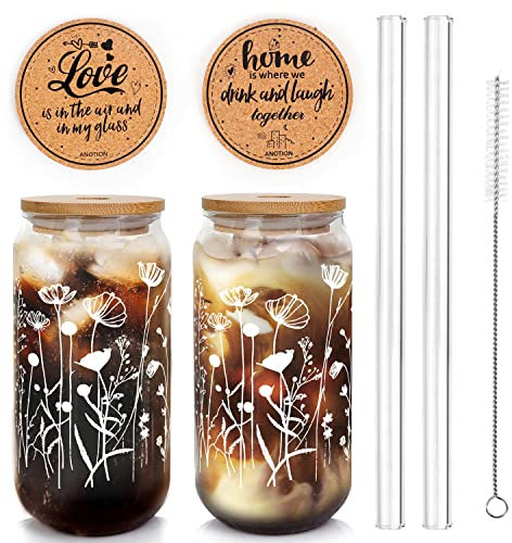 ANOTION Wildblumen-Glasbecher mit Deckel und Strohhalmen, Eiskaffeetasse, Bierdosenform, Glas, 590 ml, wiederverwendbare Trinkgläser, Geschenk für Frauen, Schwester, Mutter