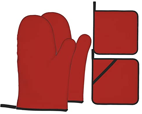 Set di 4 guanti da forno e presine, colore rosso lampone, isolati, antiscivolo, adatti per cucina, cottura, barbecue