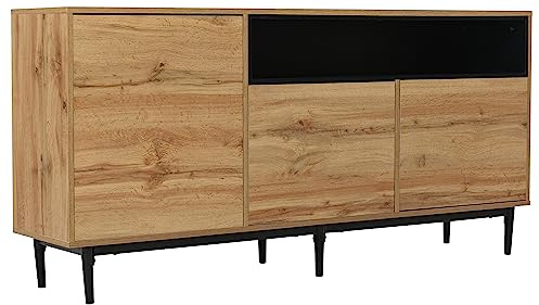 Azkoeesy TV-Schrank 160 cm im Holzmuster mit stabilen Metallbeinen – 3 Türen mit Drucktüröffner – Push to Open – Multifunktions-Sideboard Buffetschrank für Wohnzimmer und Esszimmer, Küche