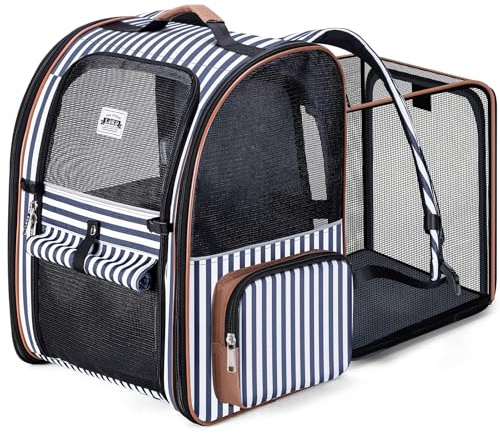 Lekespring Transportin Gato Extensible con 4 Entradas | Mochila Gato Transpirable - Transportin Perro Pequeño con Arnés Interno - Mochila Perro Carga Máxima 12kg Impermeable - Rayas XXL