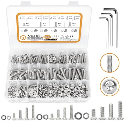 VIGRUE 360 Stück 304 Edelstahl Schrauben Set M5 M6 M8, Gewindeschrauben Set mit Muttern Unterlegscheiben und Innensechskantschlüsseln in Aufbewahrungsbox