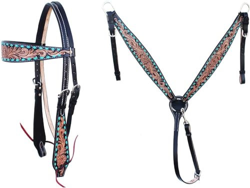 EQUIGEAR Western-Leder-Set mit handgefertigtem Kopfstück und Vorderzeug mit Zügeln. /Size-Full,Cob,Pony AO-0082 (Cob)