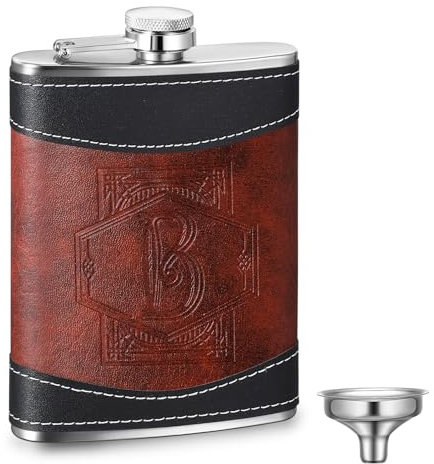 Baderke Personalized Groomsmen Flask 8 oz Stainless Steel Monogram Hip Flask for Men Leather Birthday Gift for Dad Grandpa Wedding(Letter B)