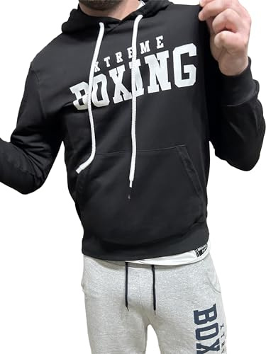 XTREME BOXING - Felpa in Cotone Leggero con Cappuccio, Tasca Frontale a Marsupio, Felpa della Tuta Uomo in Cotone, Sportiva, Casa, Palestra, Jogging, Tempo Libero XF200C (L, Nero)