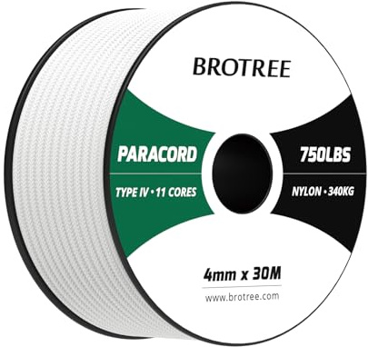 Brotree Paracord 750lbs 4mm 30M 100% Nylonrep 11 Trådar Snöre Typ IV för Utomhus, Camping, Hundkoppel, DIY, Hantverk - 340kg Brottlast (Vit)