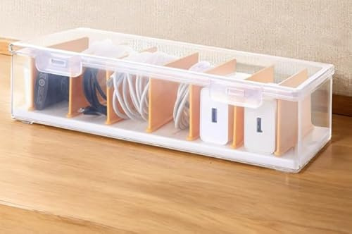 PAVSTINE Boite Rangement Cable, Range Cable Plastique Transparent, Rangement Cable 7 Séparateurs Amovibles, Boite Cache Cable Personnalisables, Range Cable Bureau