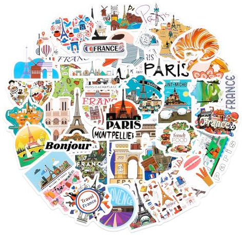 Tenare 50 Pegatinas de Viaje Románticas de France Pegatinas Impermeables de Viaje de Ciudad de Paris de Vacaciones para Botella de Agua Computadora Portátil Equipaje Álbumes de Recortes (Francia)