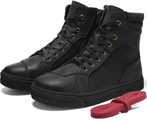 BORLENI Motorradschuhe Herren Leder Motorradstiefel | Männer lässige atmungsaktive motorrad sneaker reissverschluß mit Schaltpolster, Rutschfeste Sohle Schwarz 43