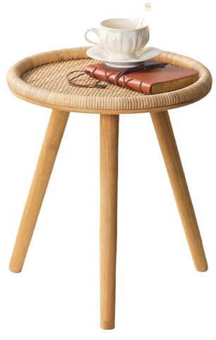 HuiDao Rattan Round Side Table, Boho Circle Coffee Table End Table for Living Room, Small Mid Century Accent Table for Bedroom Balcony