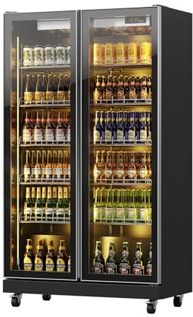 Malphi Tall Beer Fridge 2-8°C, Double Glass Auto Door, Large Drinks Refrigerator, Freestanding, Upright Beverage Cooler, Black, With Casters, Commercial (60 x 126 x 198 cm)