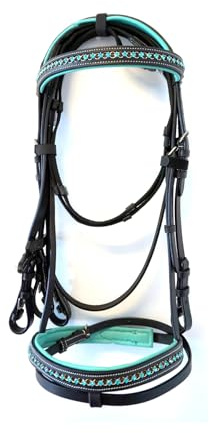 Sazaar Tack Blac Bedazzled ST-012A - Fascia da naso e briglia inglese con cristalli color foglia di tè, con redini per cavallo/Cob/Pony