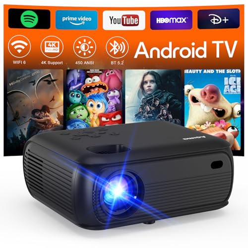 4K Proiettore 1080P Nativo 2025 Proiettore Portatile con Smart TV OS Apps integrate, 450ANSI, Altoparlanti stereo, WiFi 6, Bluetooth 5.2 Proiettore Compatible con TV Stick/Smartphone/HDMI, Nero