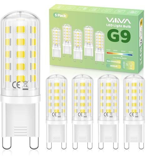 VIIIVA G9 LED Bulbs Cool White, 5W(45W Equivalent) 6000K, 500LM, Pack of 5 | No Flicker, Save 90% Energy CRI>80, 360° Beam Angle, Non-Dimmable, G9 Light Bulbs for Home Lighting, Crystal Chandelier