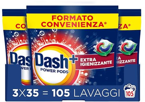 Dash Power Pods Detersivo Lavatrice In Capsule, 105 Lavaggi (3x35), Extra Igienizzante, Pulizia profonda contro sporco e batteri, Pulizia Impeccabile