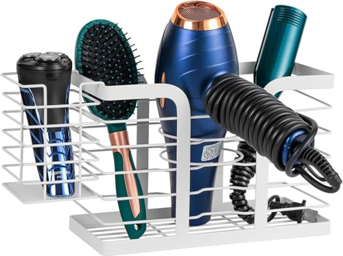 SGerste Haartrocknerhalter aus Metall zur Wandmontage mit selbstklebenden Pads - Styling-Tools Organizer für Haarbürsten, Glätteisen & Lockenstäbe (Weiß)