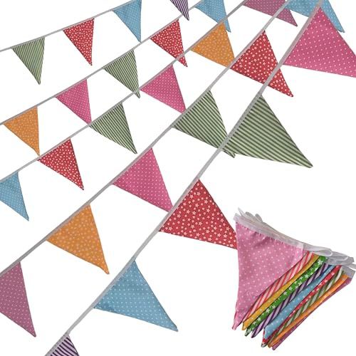 Quirki Fabric Bunting Stars Stripes Polka Dots Banner Garland 40ft Multicolour Large Cotton Reusable Triangle Flags for Indoor Outdoor Garden Nursery Bedroom Birthday Wedding Party Decoration