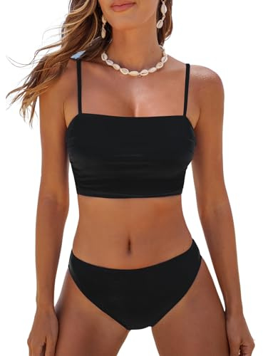 CUPSHE Women's Bikini Sets Two Piece Swimsuit Bandeau Top Square Neck Mid Rise Ruched Bathing Suit Spaghetti Straps Black