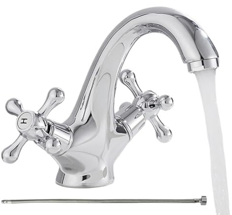 Syengery Grifo Para Fregadero,Grifo De Latón Antiguo Para Cocina Con Doble Mandos | Mezclador De Dos Mandos Con Manguera De 60cm Para Lavabo, Tocador Y Lavandería