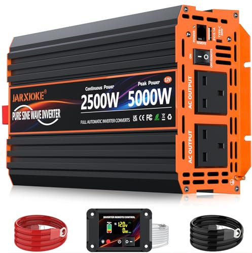 2500W Pure Sine Wave Power Inverter DC 12V to AC 240V with 2 UK Sockets, 30W Type-C, 5V 3.1A USB-A, LCD Remote Control,for Motorhome,Truck,Solar Power,Boats,Camping