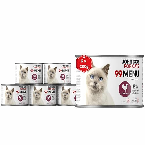 Katzennassfutter ohne Zucker und Getreide - Huhn - Katzenfutter Nass mit 99% Fleischanteil - Nassfutter mit 100% frischen Zutaten für ausgewachsene Katzen - John Dog for Cats 99 MENU - 200g x 6