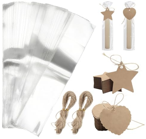 KQDRAVINE 200 Stück Cellophantüten 5x25 Cm, Opp Kleine Tütchen mit 40m Jute Schnu und 200 Kraftpapier Geschenkanhänger, Zellophantüten für Kerzentüten Süßigkeiten Geschenktüten Weihnachten Hochzeit