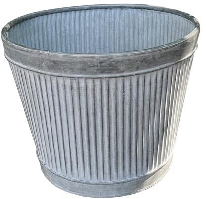 Alfie Francis 31cm DIA x 24.5cm H Large Galvanised Metal Garden Planter Outdoor Plant Pot Vintage Ribbed Barrel Tub Decoration