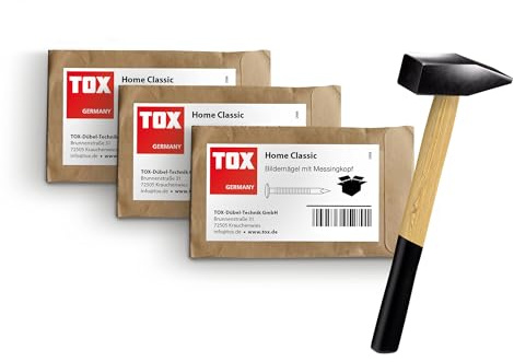 TOX Bilderagel Home Classic i 3 storlekar + låssmedshammare 300 g, spikar av härdat stål med mässingshuvud i återvinningsbar pappersförpackning, storlek 2,0 x 25/40/50 mm (20 st. av varje), 063909002