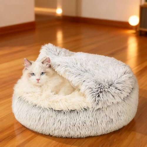 SHJOEE 65cmØ Cama de Felpa Calmante para Gatos y Perros Cómodo y Suave de Concha Mascotas Cojín Sofá de Gato Antideslizante Cesta Lavable de Perro Cama para Mascotas Medianos Pequeños