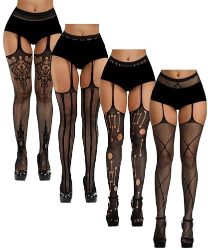 Chalier Fishnet Stockings Tights Suspender Pantyhose Lace Thigh High Stockings for Women, Zinnia Black