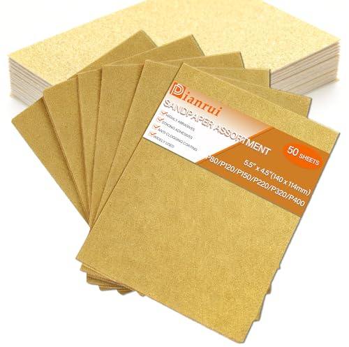 Dianrui 50 PCS 1/4 Sandpaper Sheets, Sandpaper Assortment for Wood/Metal Furniture, Sheet Sandpapers 80/120/150/220/320/400 Grit Sand Paper for Drywall 5.5 x 4.5