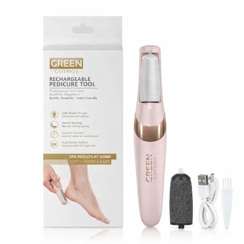 Green Cosmos Electric Callus Remover for Feet, Rechargeable Pedicure Tool with Dual Rollers, Cordless Foot Grinder for Dry Cracked Heels, Portable Foot Care Device
