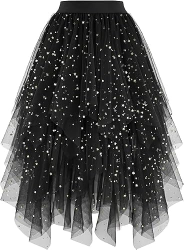 BEWECASU Women Tulle Skirts High Low Layered Puffy Fairy Skirts Midi Length Irregular Layered Mesh Tutu Skirts(Black Sequin,S)
