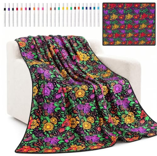 DIY Maldecke zum Ausmalen 156x125cm Decke selbst Bemalen Set mit 24 Stiften | Waschbare Kuscheldecke aus Samt mit 24 Textilmarkern für Kinder und Erwachsene ideal für kreative Bastelpartys zu Hause